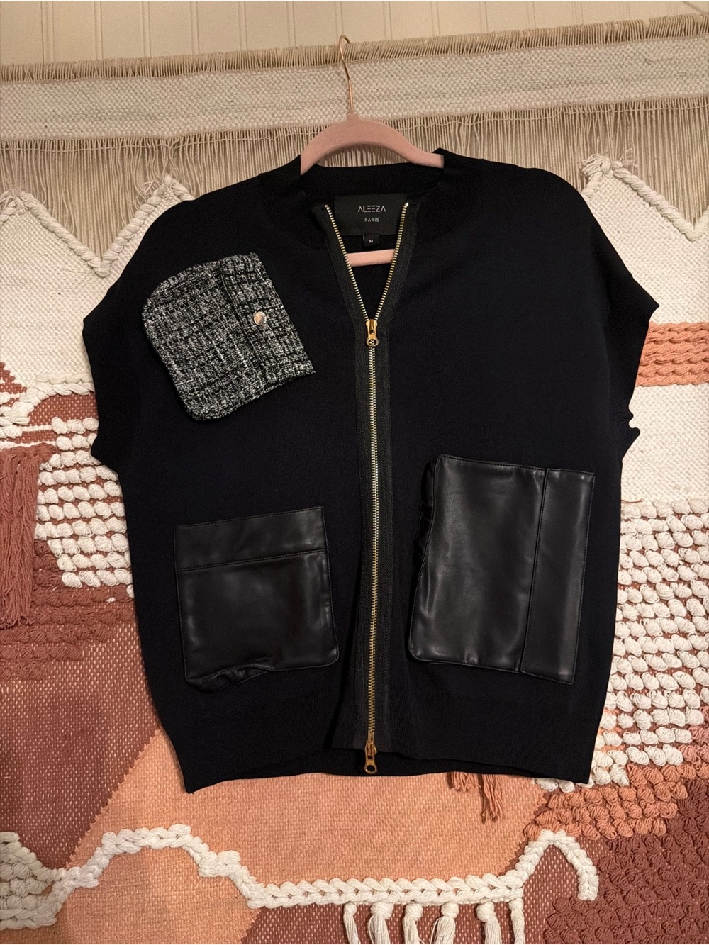 Alezra Black Zip-Front Knit Top with Faux Leather Pockets